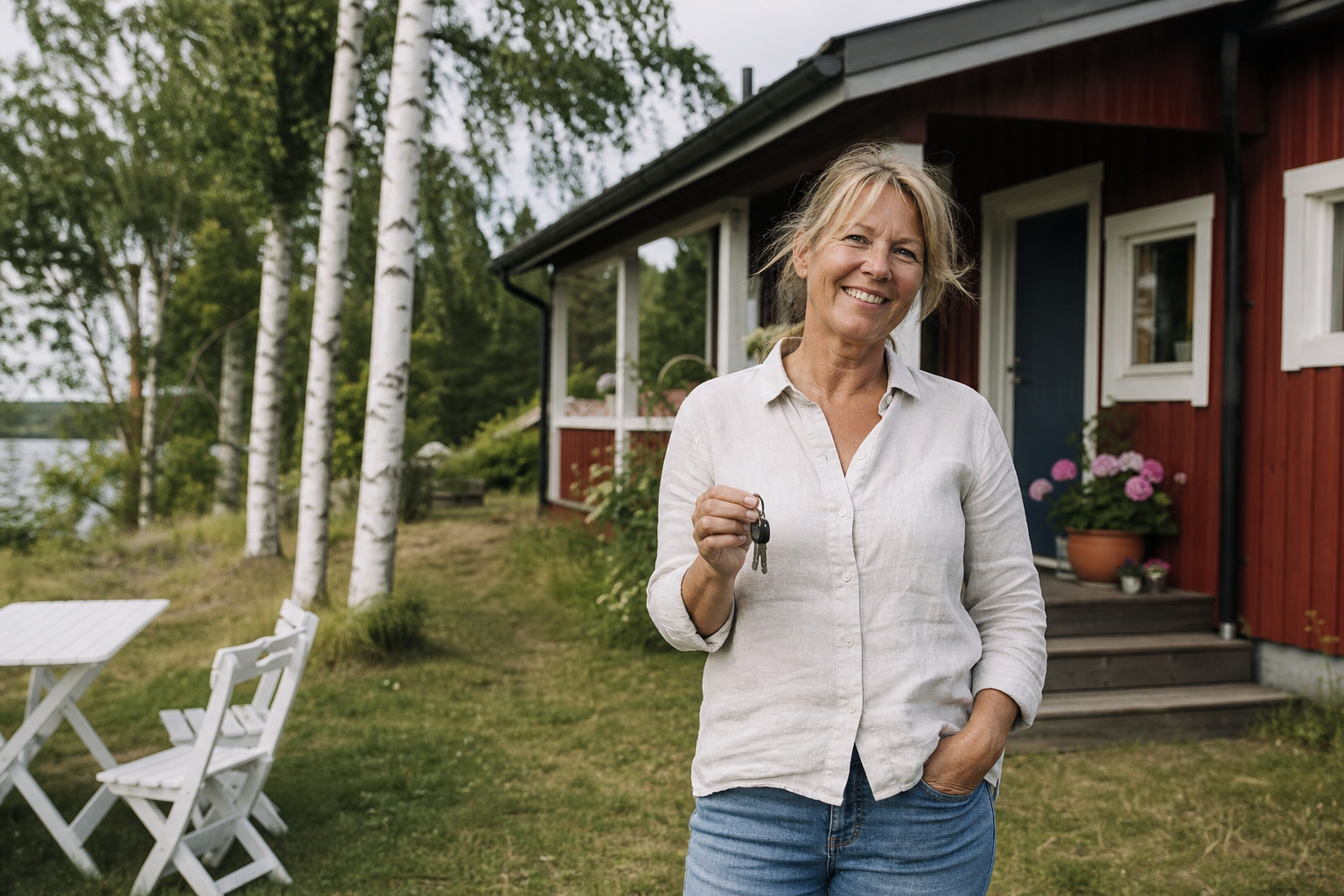 Smiling Nordic host holding keys outside a summer house